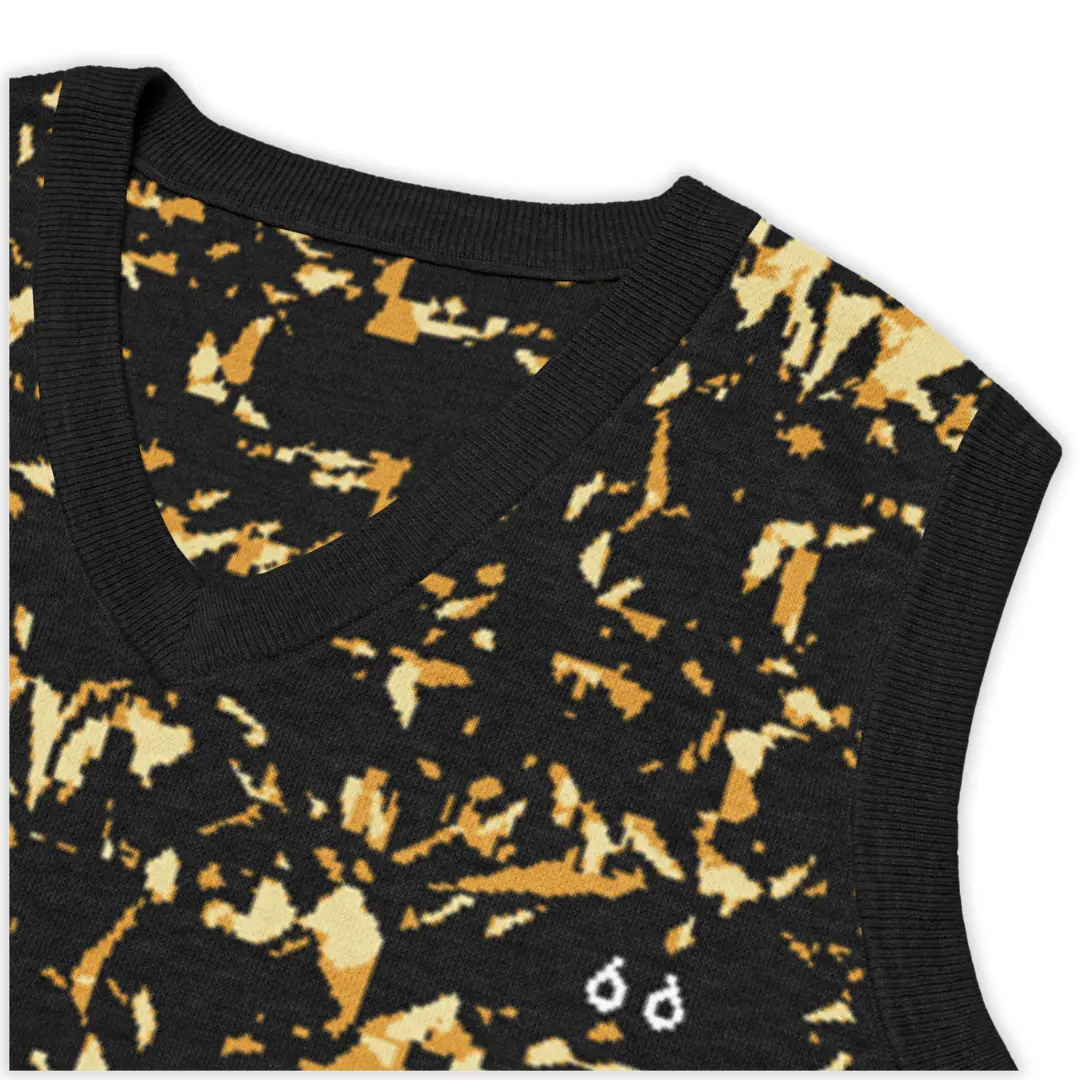 Men's knitted V-neck vest featuring an all-over Crystal Yellow print. A bold and distinctive piece, perfect for a glam contemporary streetwear style.