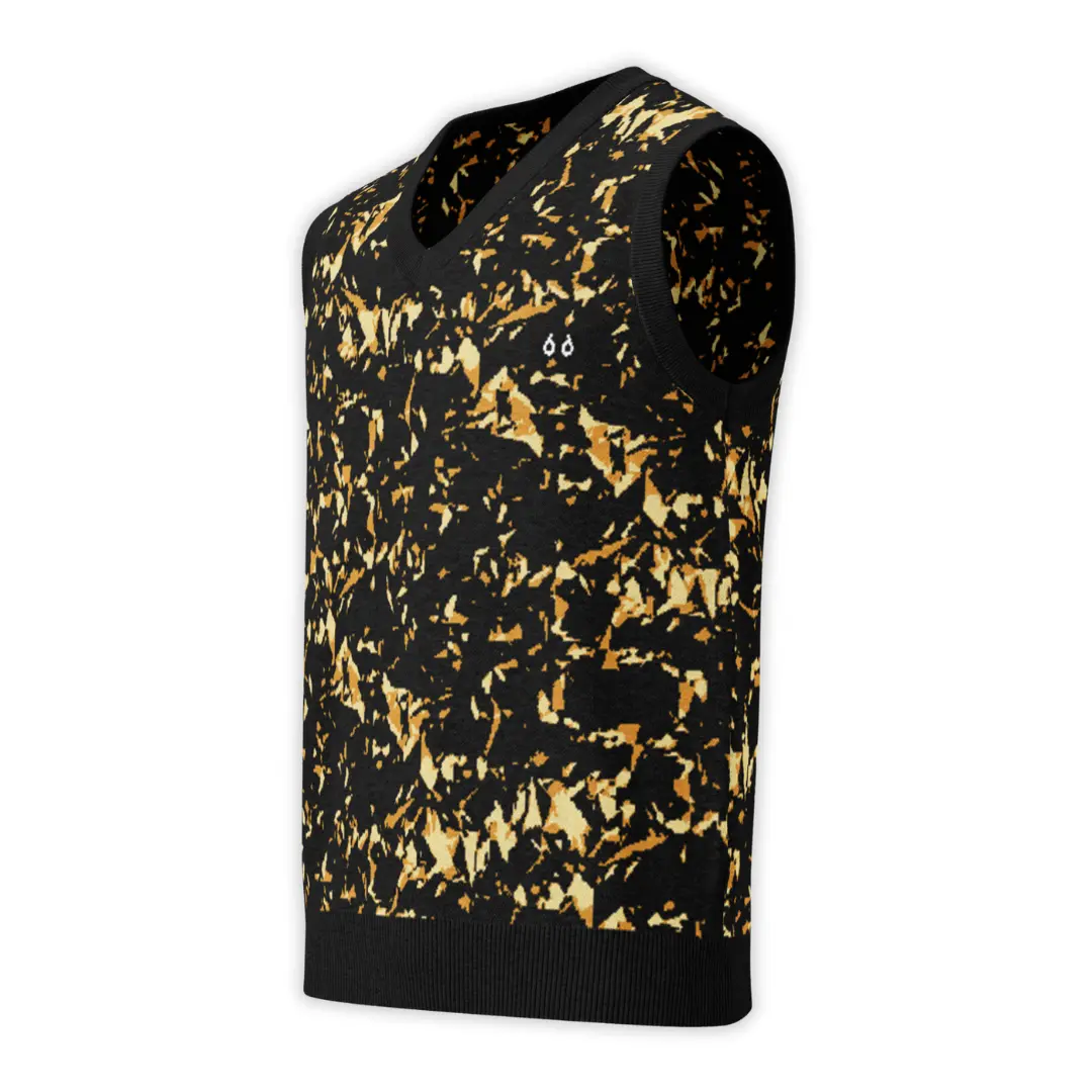 Men's knitted V-neck vest featuring an all-over Crystal Yellow print. A bold and distinctive piece, perfect for a glam contemporary streetwear style.