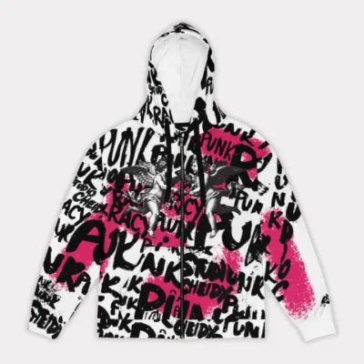 Zip hoodie with Punk Street Angels street art graphics, dynamic lettering, and Renaissance-style angels on a white and pink background