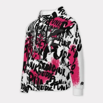Women's Zip hoodie with Punk Street Angels street art graphics, dynamic lettering, and Renaissance-style angels on a white and pink background