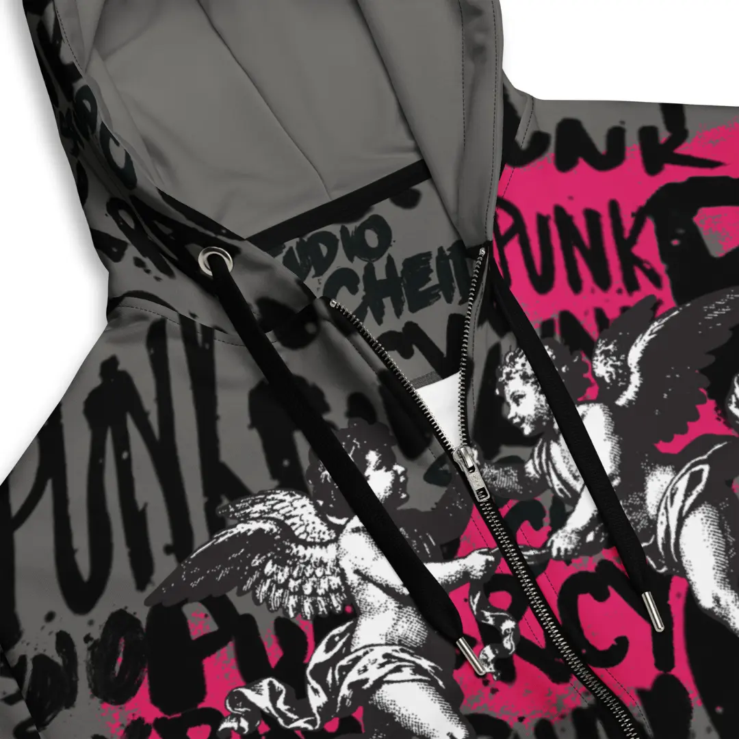 Women's Gray zip-up hoodie with Punk Street Angels street art graphics, dynamic lettering and Renaissance-style angels on a white and pink background.