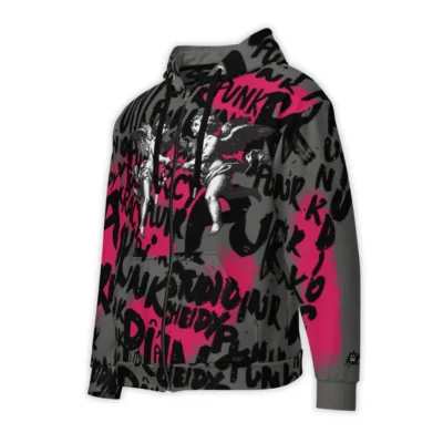 Women's Gray zip-up hoodie with Punk Street Angels street art graphics, dynamic lettering and Renaissance-style angels on a white and pink background.