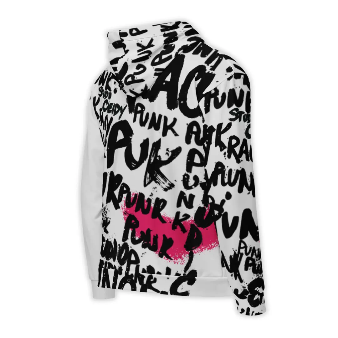 Women's Ice zip-up hoodie with Punk Street Angels street art graphics, dynamic lettering and Renaissance-style angels on a white and pink background.