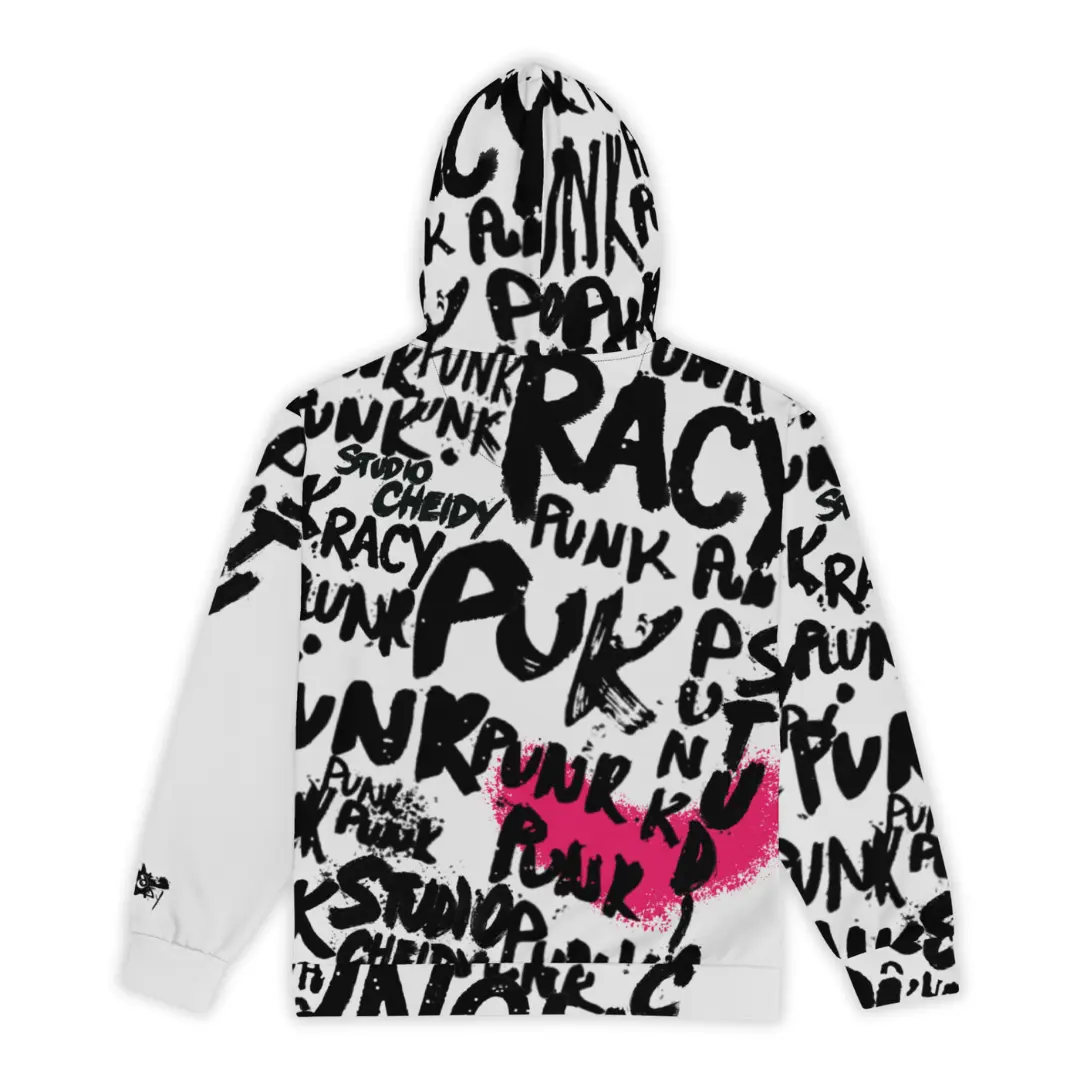 Women's Ice zip-up hoodie with Punk Street Angels street art graphics, dynamic lettering and Renaissance-style angels on a white and pink background.