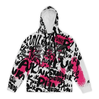 Women's Ice zip-up hoodie with Punk Street Angels street art graphics, dynamic lettering and Renaissance-style angels on a white and pink background.