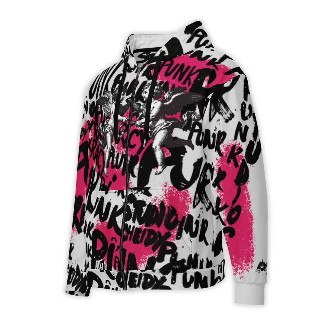 Women's Ice zip-up hoodie with Punk Street Angels street art graphics, dynamic lettering and Renaissance-style angels on a white and pink background.