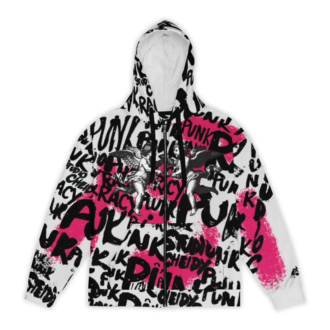 Women's Ice zip-up hoodie with Punk Street Angels street art graphics, dynamic lettering and Renaissance-style angels on a white and pink background.