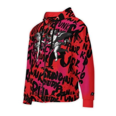 Women's Red zip-up hoodie with Punk Street Angels street art graphics, dynamic lettering and Renaissance-style angels on a white and pink background.
