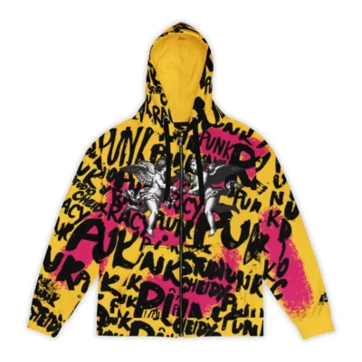 Women's yellow zip-up hoodie with Punk Street Angels street art graphics, dynamic lettering and Renaissance-style angels on a white and pink background.