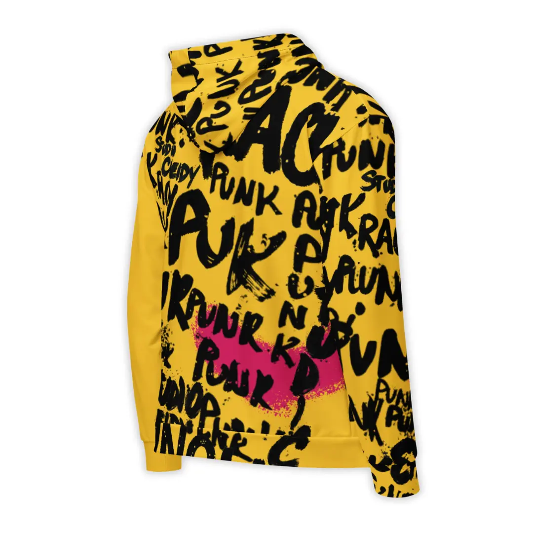 Women's yellow zip-up hoodie with Punk Street Angels street art graphics, dynamic lettering and Renaissance-style angels on a white and pink background.
