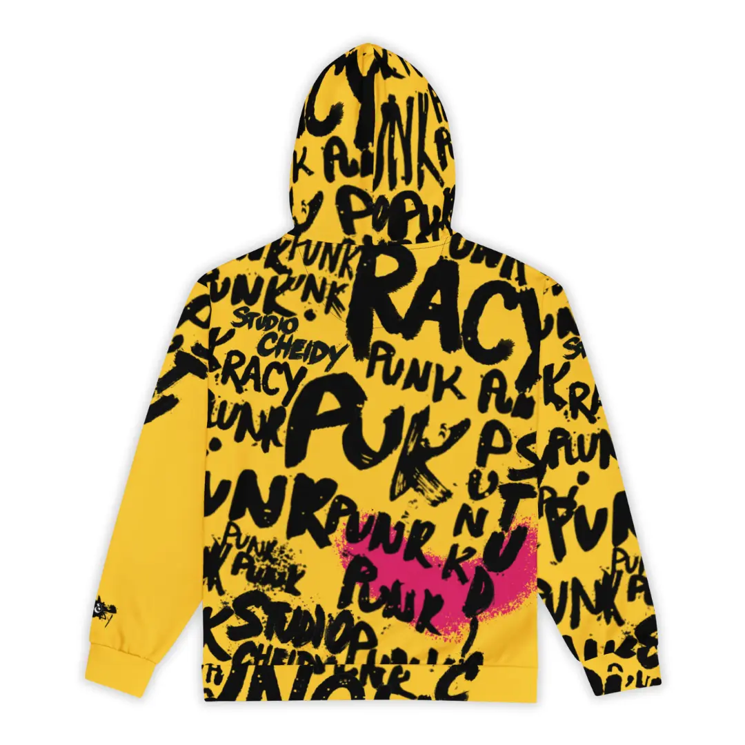 Women's yellow zip-up hoodie with Punk Street Angels street art graphics, dynamic lettering and Renaissance-style angels on a white and pink background.