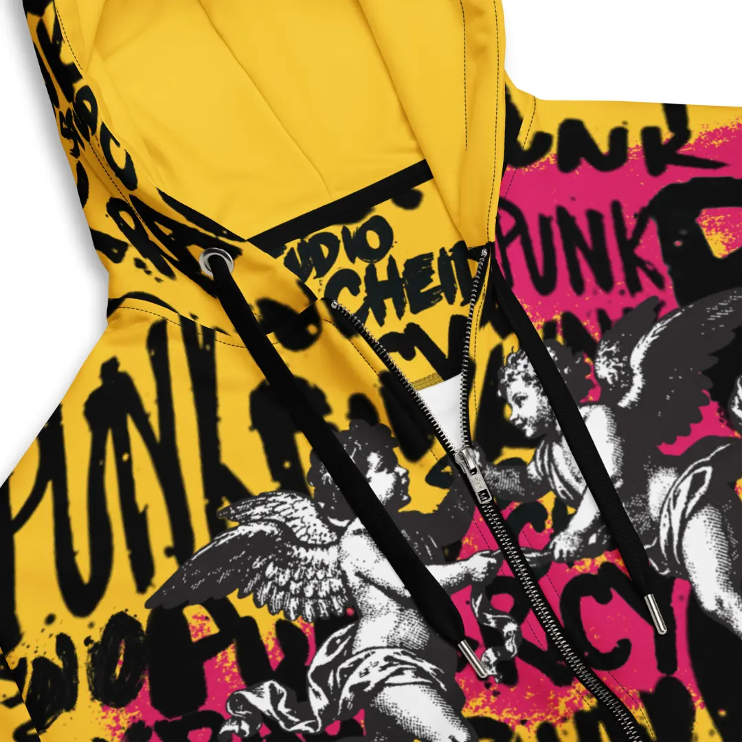 Women's yellow zip-up hoodie with Punk Street Angels street art graphics, dynamic lettering and Renaissance-style angels on a white and pink background.
