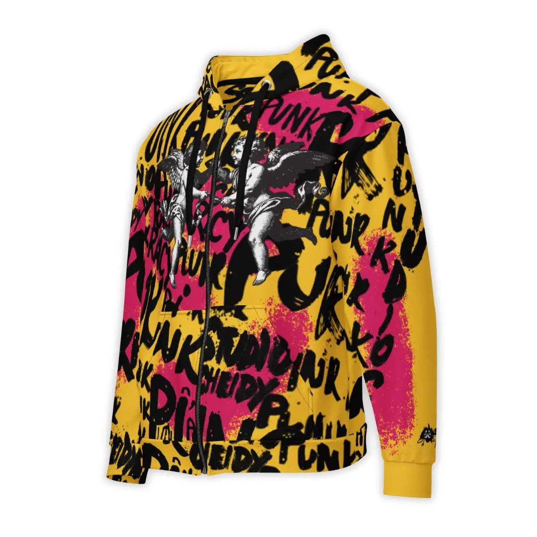 Women's yellow zip-up hoodie with Punk Street Angels street art graphics, dynamic lettering and Renaissance-style angels on a white and pink background.