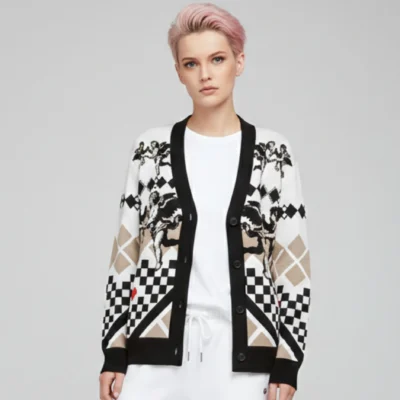 Women's jacquard cardigan with angels and hearts motif, glam streetwear style