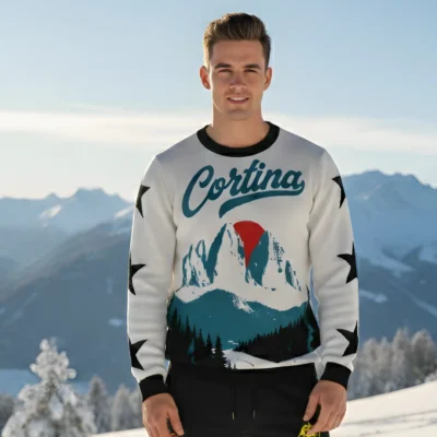 Mens streetwear sweater with vintage-alpine iconography and graphics of skiers on the slopes of Cortina, artistic and original design.