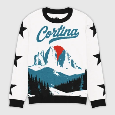 Mens streetwear sweater with vintage-alpine iconography and graphics of skiers on the slopes of Cortina, artistic and original design.