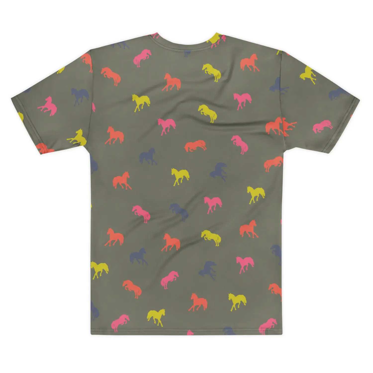 Mens olive green t-shirt with an all-over print of small stylized galloping horses in fluorescent yellow, pink, and orange.