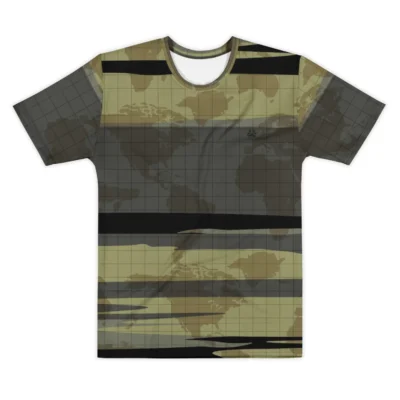 Men's all-over print t-shirt featuring a world map camouflage design with a dark grey grid overlay and horizontal olive and tan stripes.