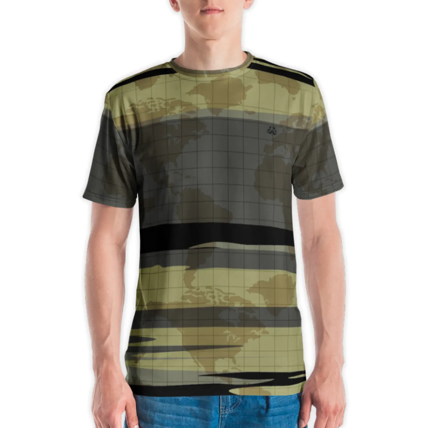 Men's all-over print t-shirt featuring a world map camouflage design with a dark grey grid overlay and horizontal olive and tan stripes.
