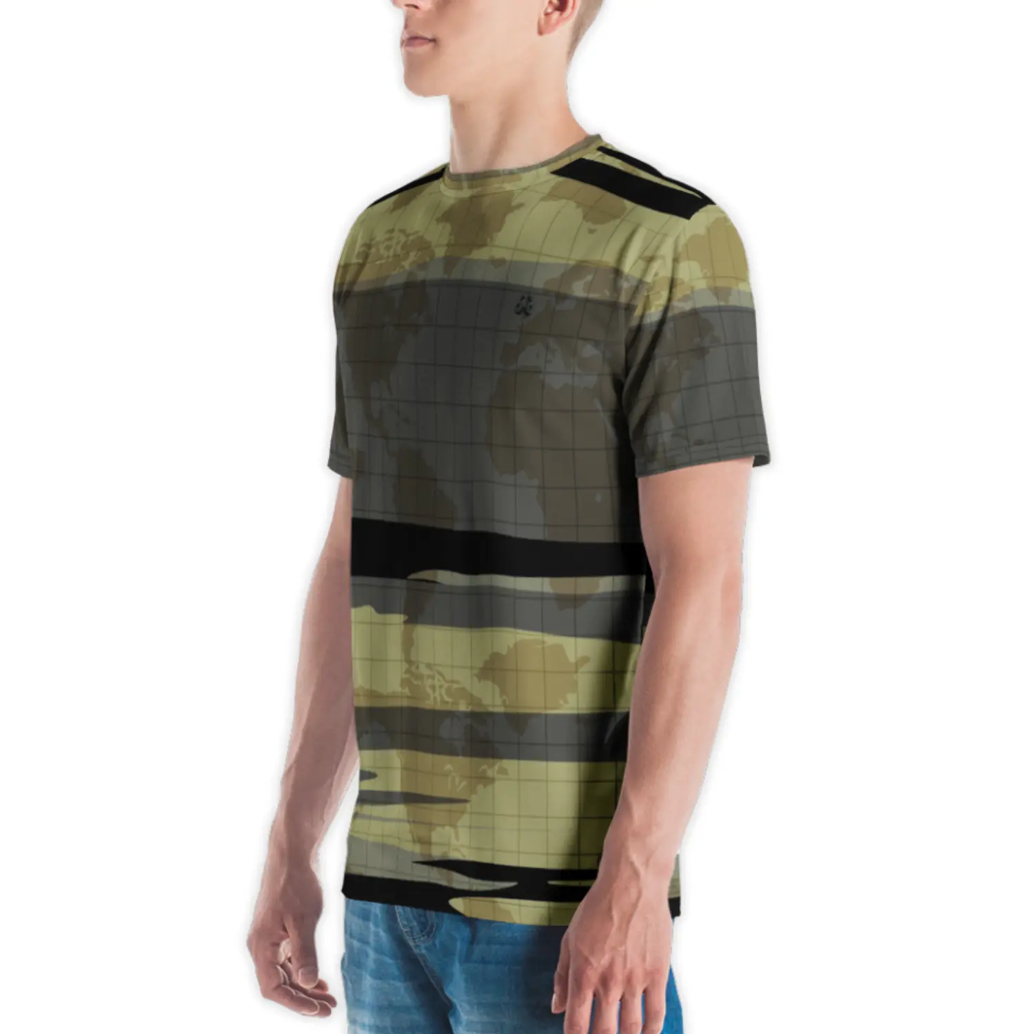 Men's all-over print t-shirt featuring a world map camouflage design with a dark grey grid overlay and horizontal olive and tan stripes.