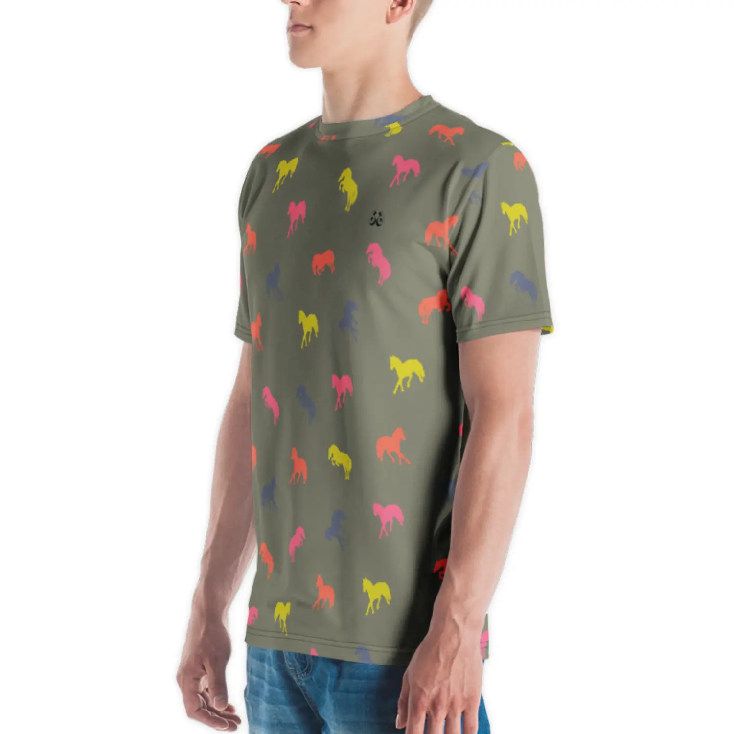 Mens olive green t-shirt with an all-over print of small stylized galloping horses in fluorescent yellow, pink, and orange.