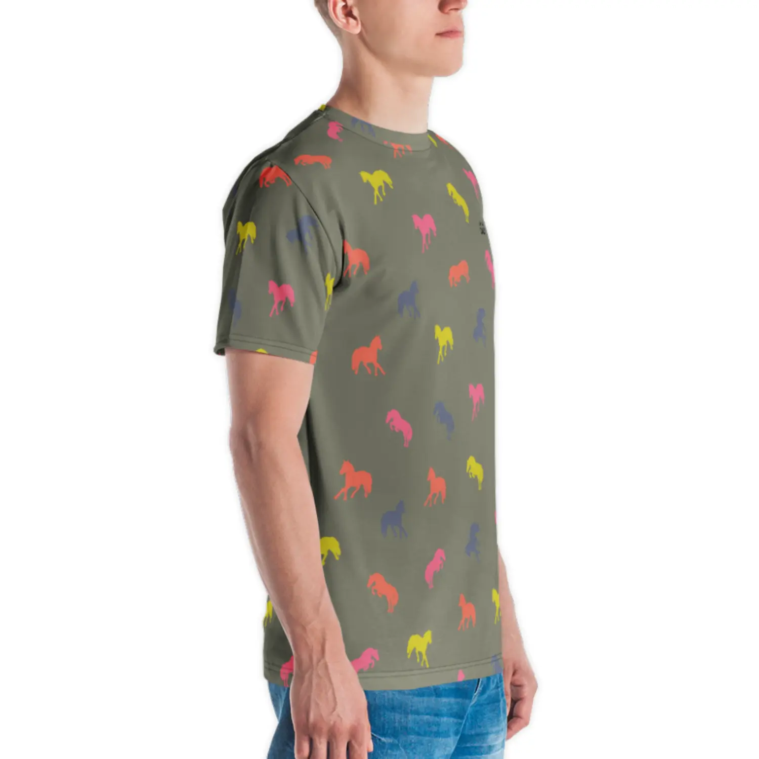Mens olive green t-shirt with an all-over print of small stylized galloping horses in fluorescent yellow, pink, and orange.