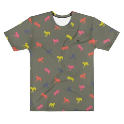 Mens olive green t-shirt with an all-over print of small stylized galloping horses in fluorescent yellow, pink, and orange.