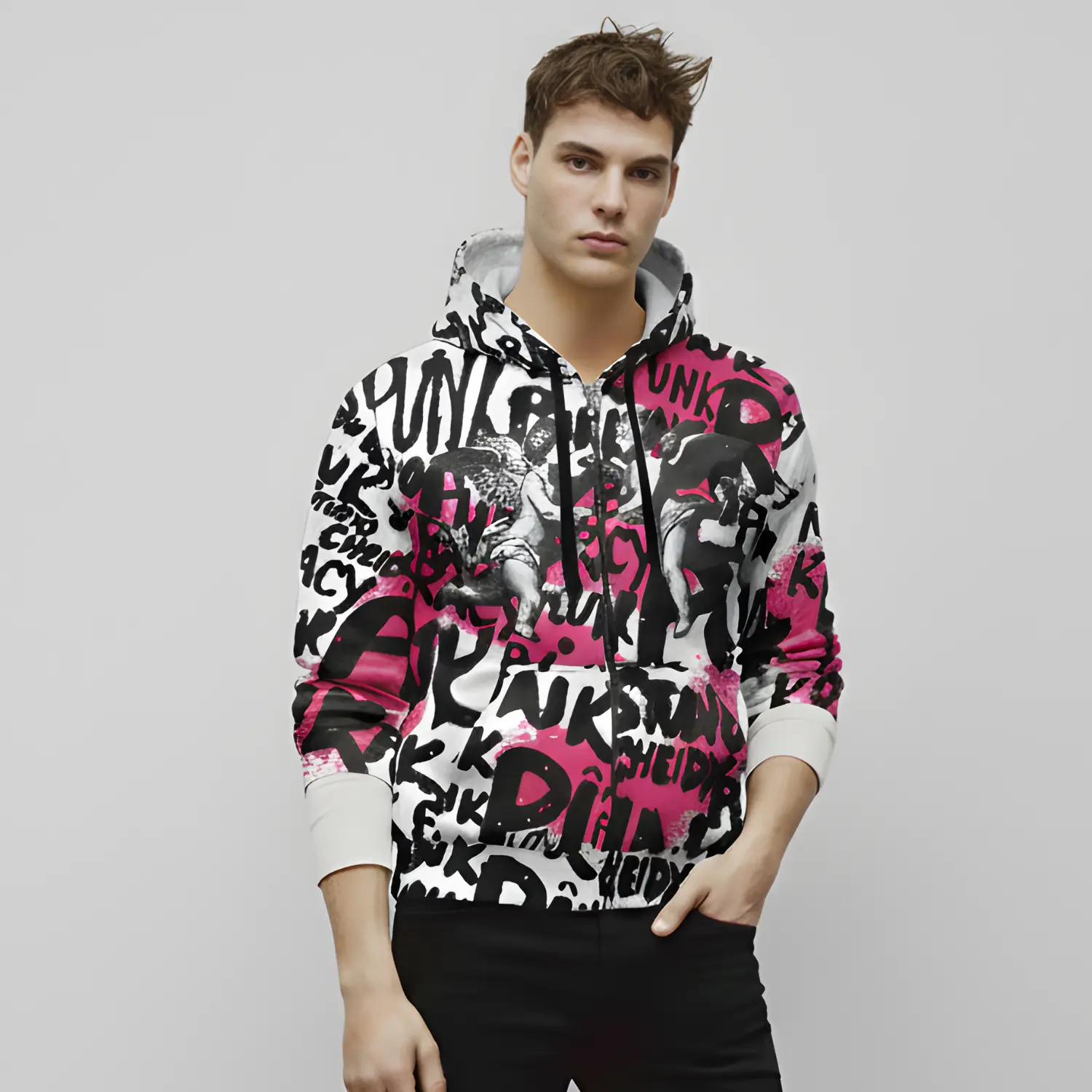 Zip hoodie with Punk Street Angels street art graphics, dynamic lettering, and Renaissance-style angels on a white and pink background