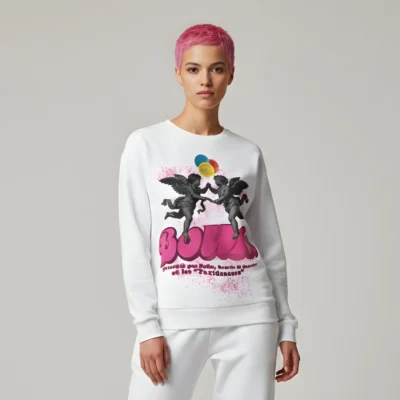 Women’s streetwear sweatshirt with pop-style angel graphics, balloon elements, and BOUM lettering; vibrant party-inspired design.