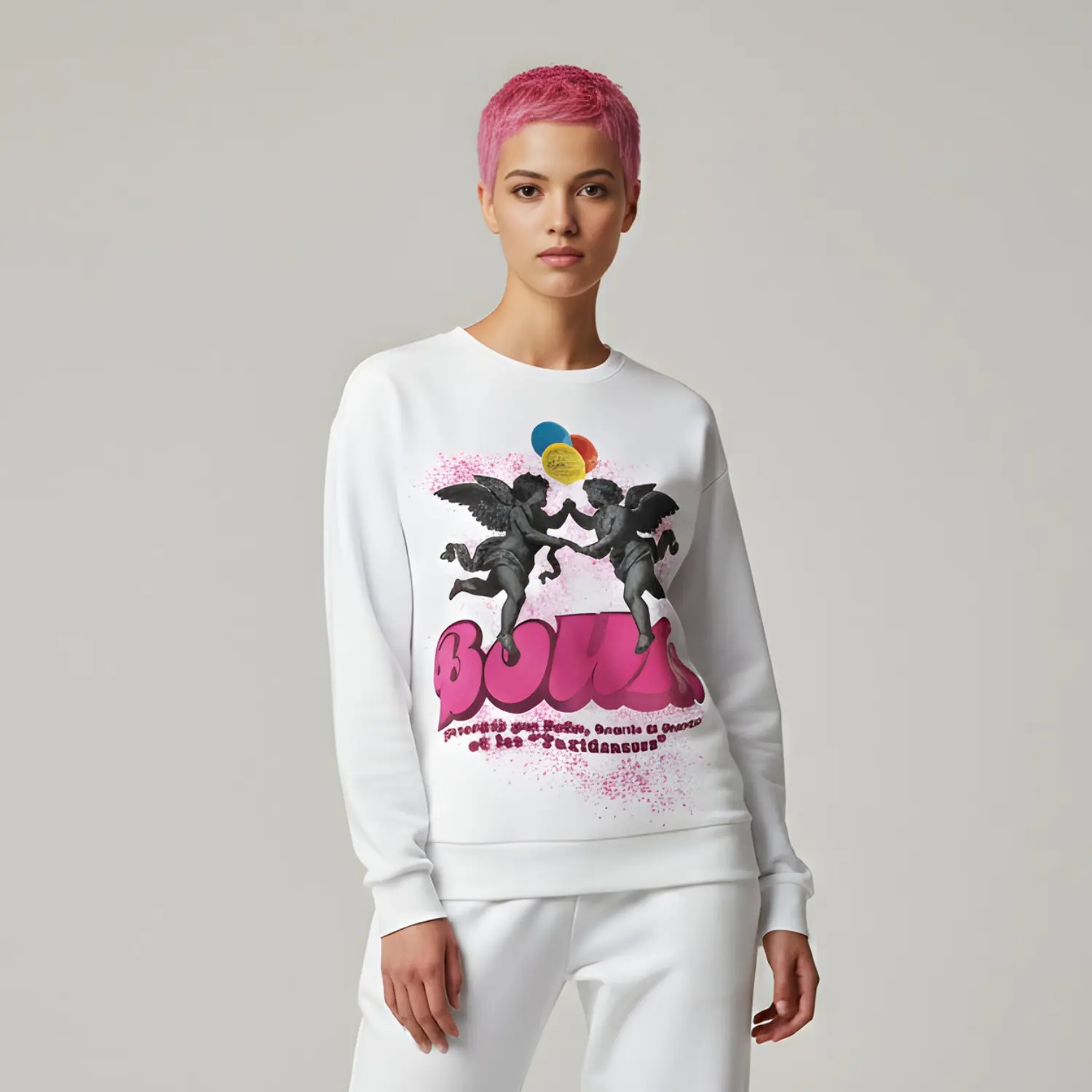 Women’s streetwear sweatshirt with pop-style angel graphics, balloon elements, and BOUM lettering; vibrant party-inspired design.
