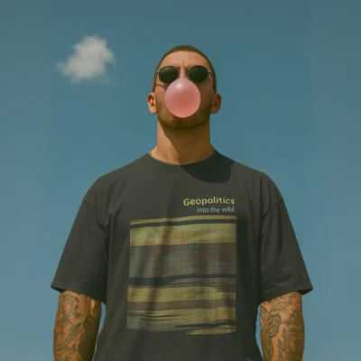 Men’s streetwear T-shirt “Into the Wild” – casual tee inspired by the iconic book and film, featuring an outdoor adventure design with a world map and “Geopolitic” print