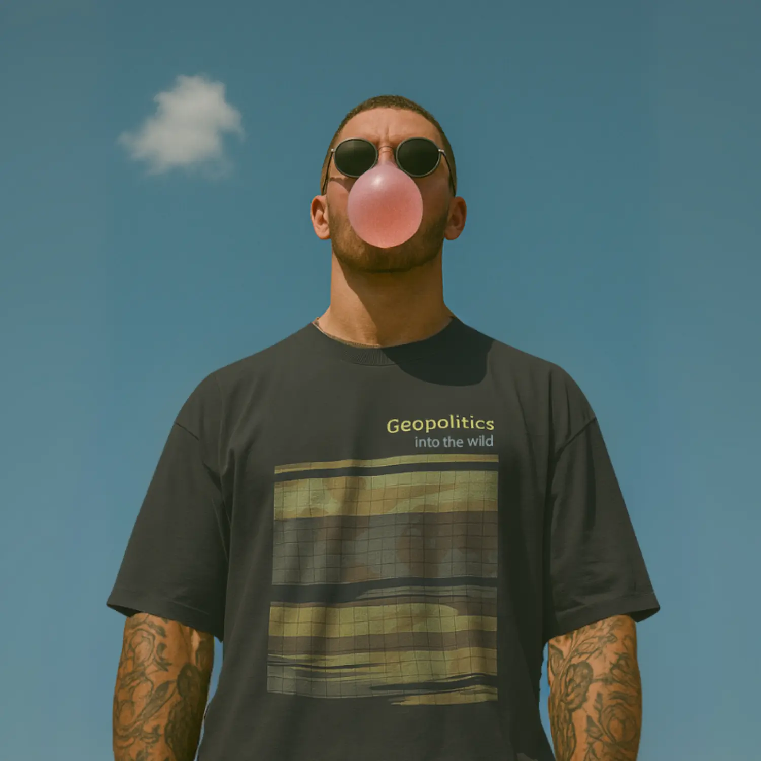 Men’s streetwear T-shirt “Into the Wild” – casual tee inspired by the iconic book and film, featuring an outdoor adventure design with a world map and “Geopolitic” print