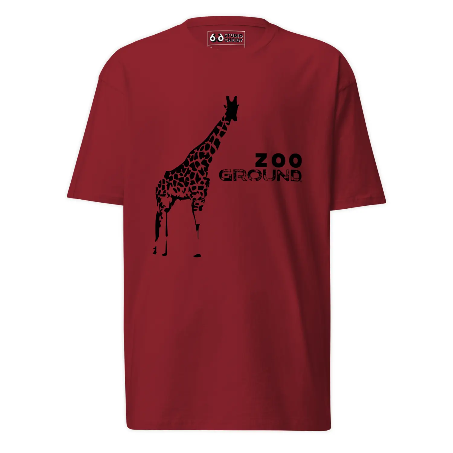 Men’s Zoo Ground T-shirt in 100% premium cotton featuring a stylized giraffe graphic and urban logo on a neutral background.