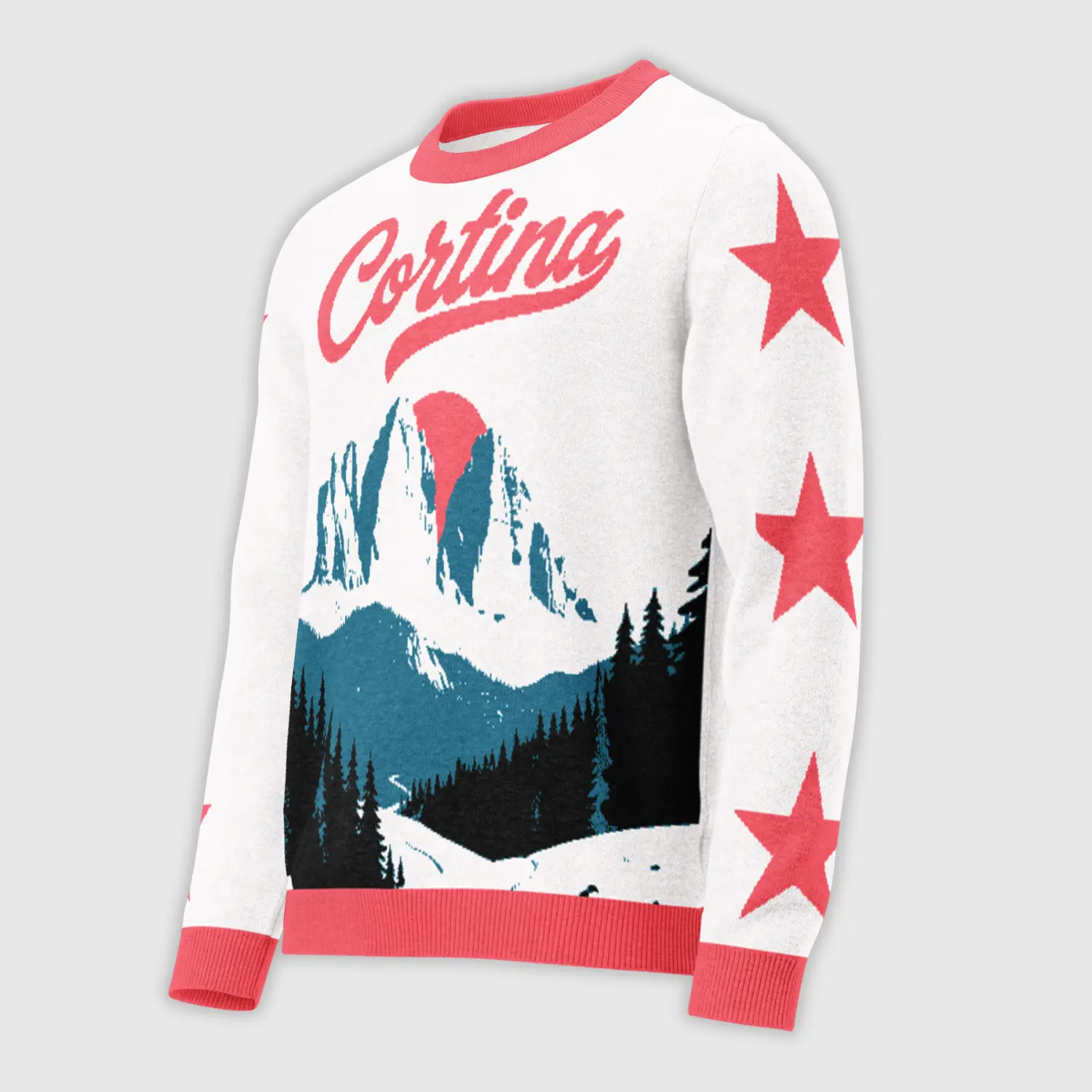Womens streetwear sweater with vintage-alpine iconography and graphics of skiers on the slopes of Cortina, artistic and original design.