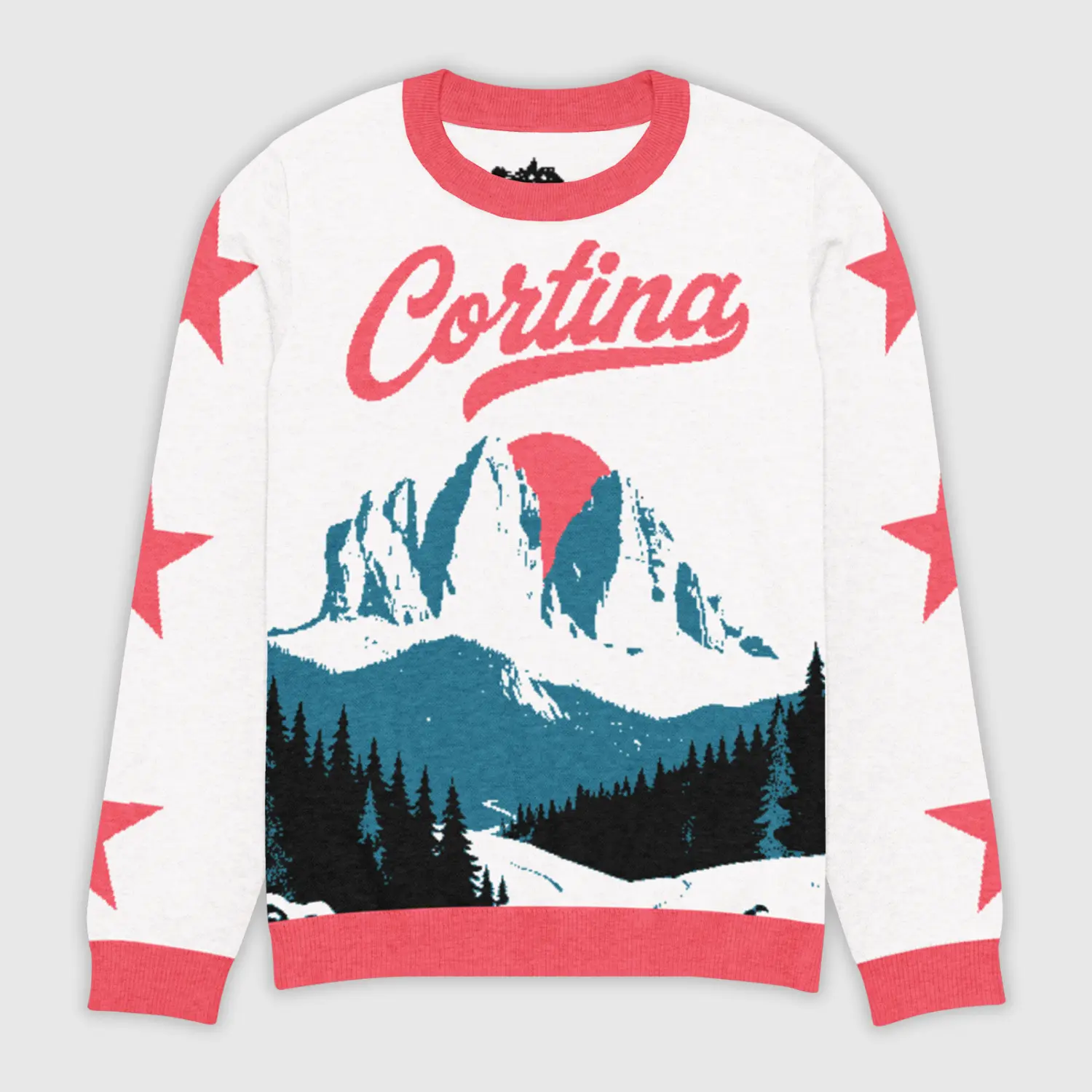 Womens streetwear sweater with vintage-alpine iconography and graphics of skiers on the slopes of Cortina, artistic and original design.