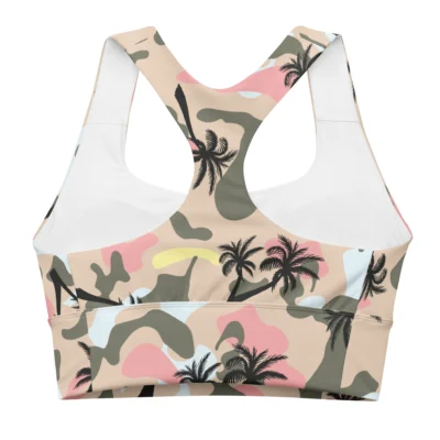 longline sports bra camouflage black palm back