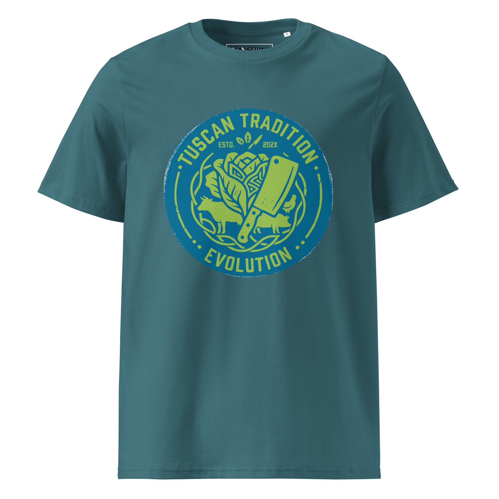 tuscany tradition tee | urban industrial evolution – electric turquoise