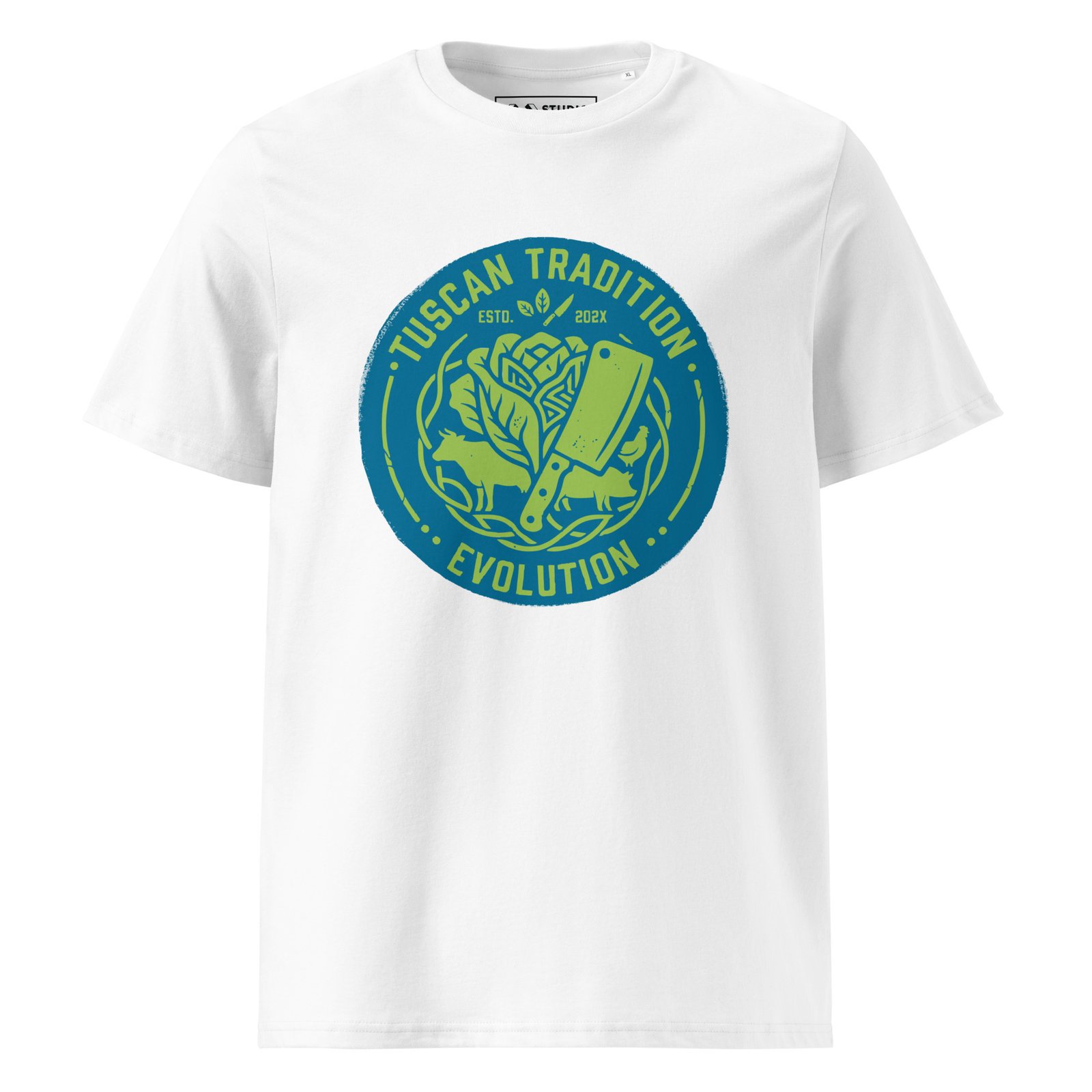 tuscany tradition tee | urban industrial evolution – electric turquoise