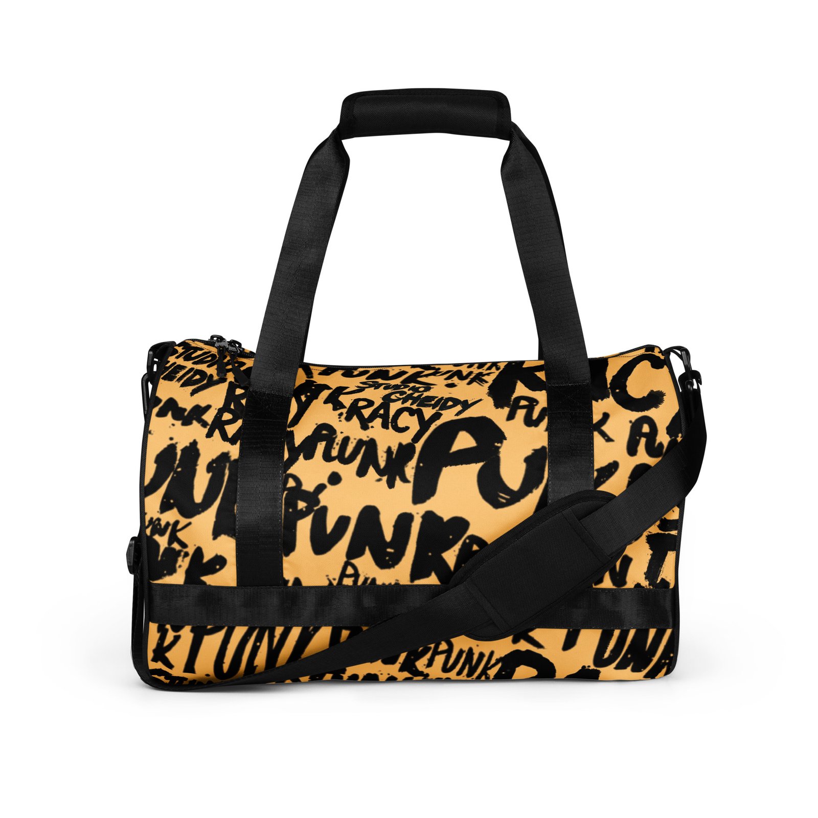 yellow gym bag | punk graffiti print sports duffel bag