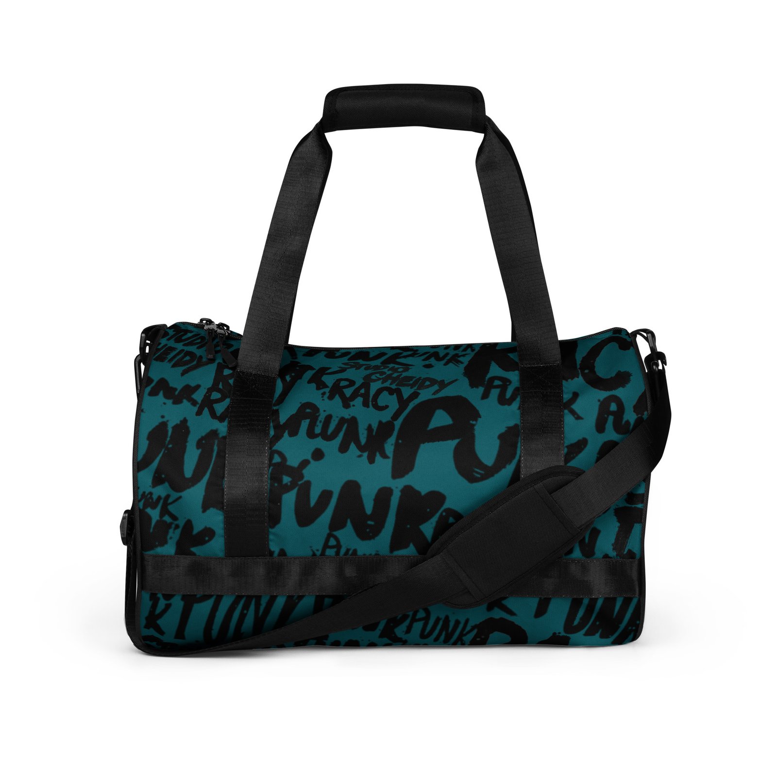 sherpa blue gym bag | punk graffiti print sports duffel bag