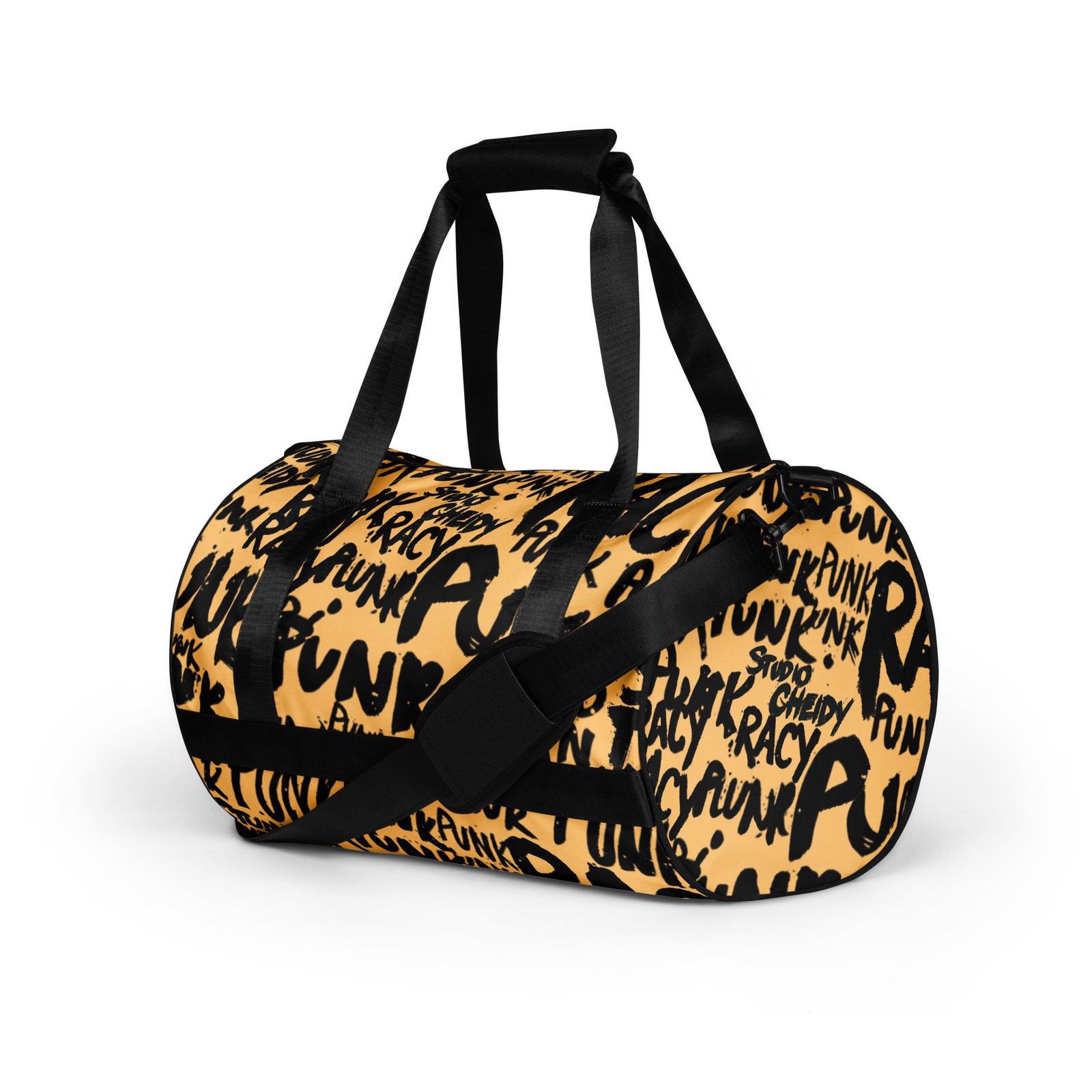 yellow gym bag | punk graffiti print sports duffel bag