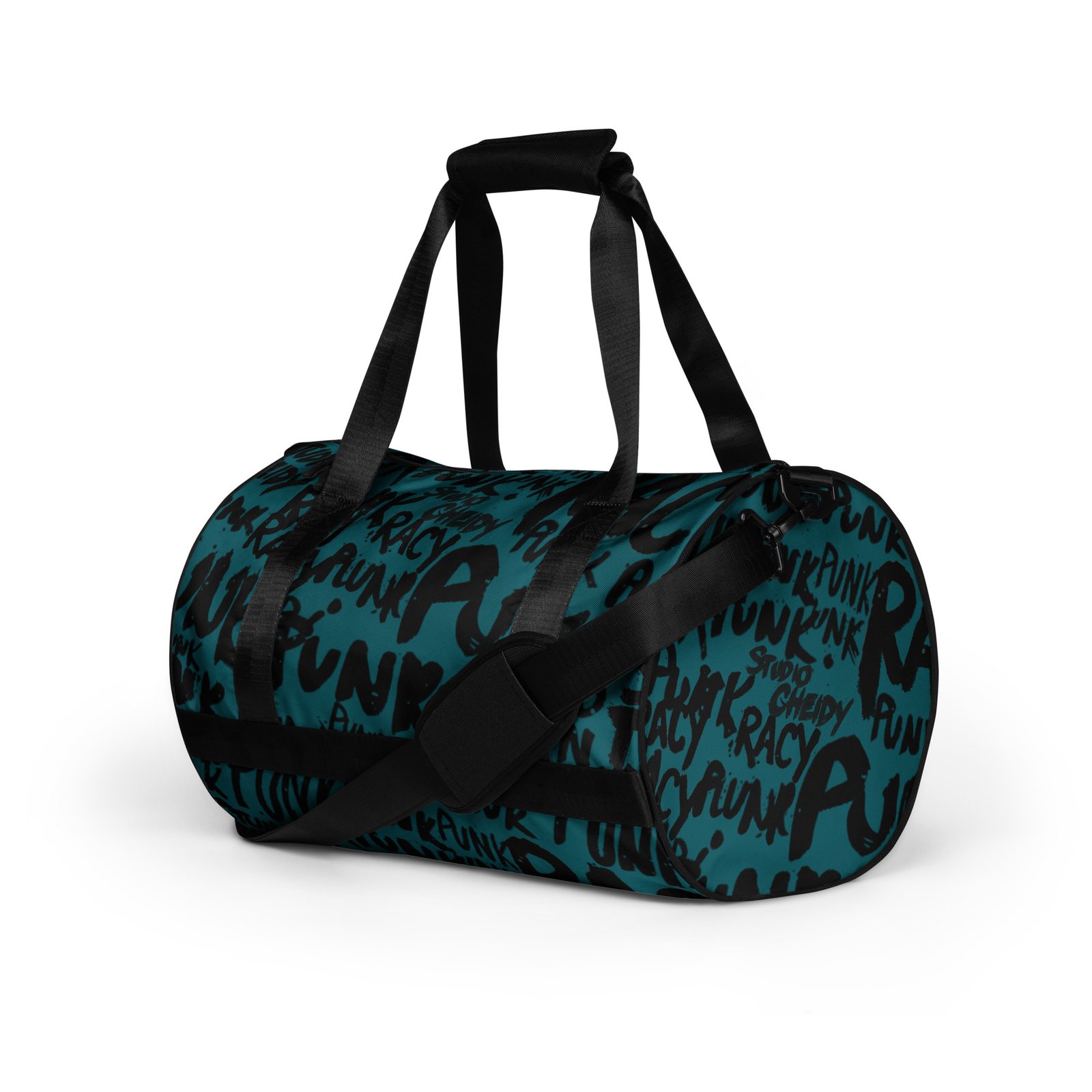 sherpa blue gym bag | punk graffiti print sports duffel bag