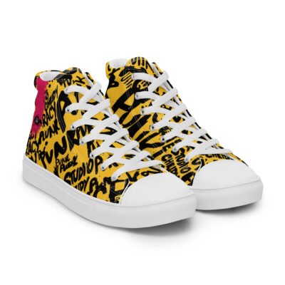 high top sneakers for men | yellow punk script street art canvas shoes