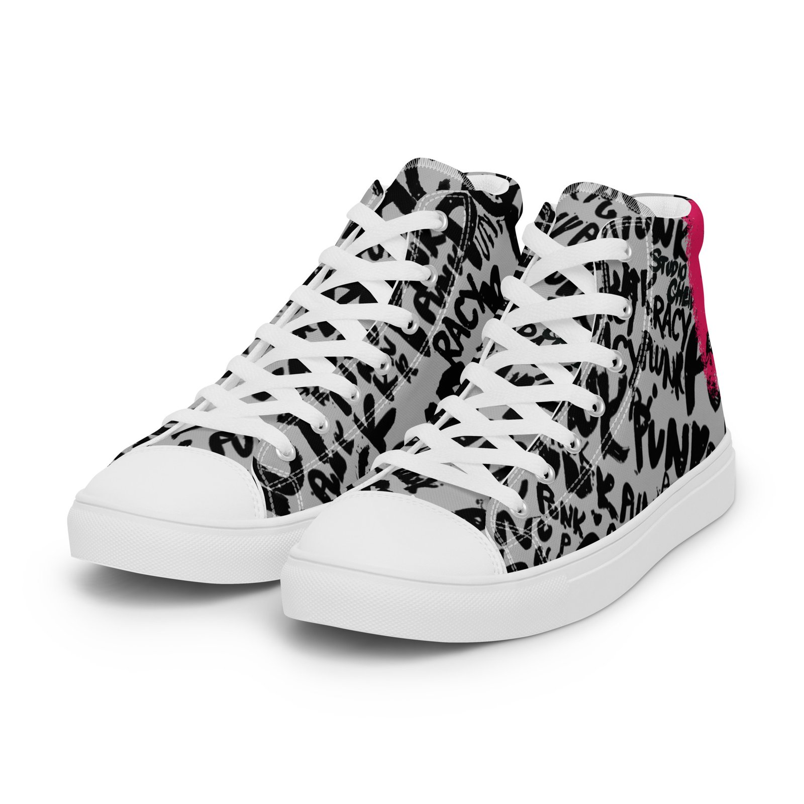 silver high top sneakers for women | punk script street art canvas shoes