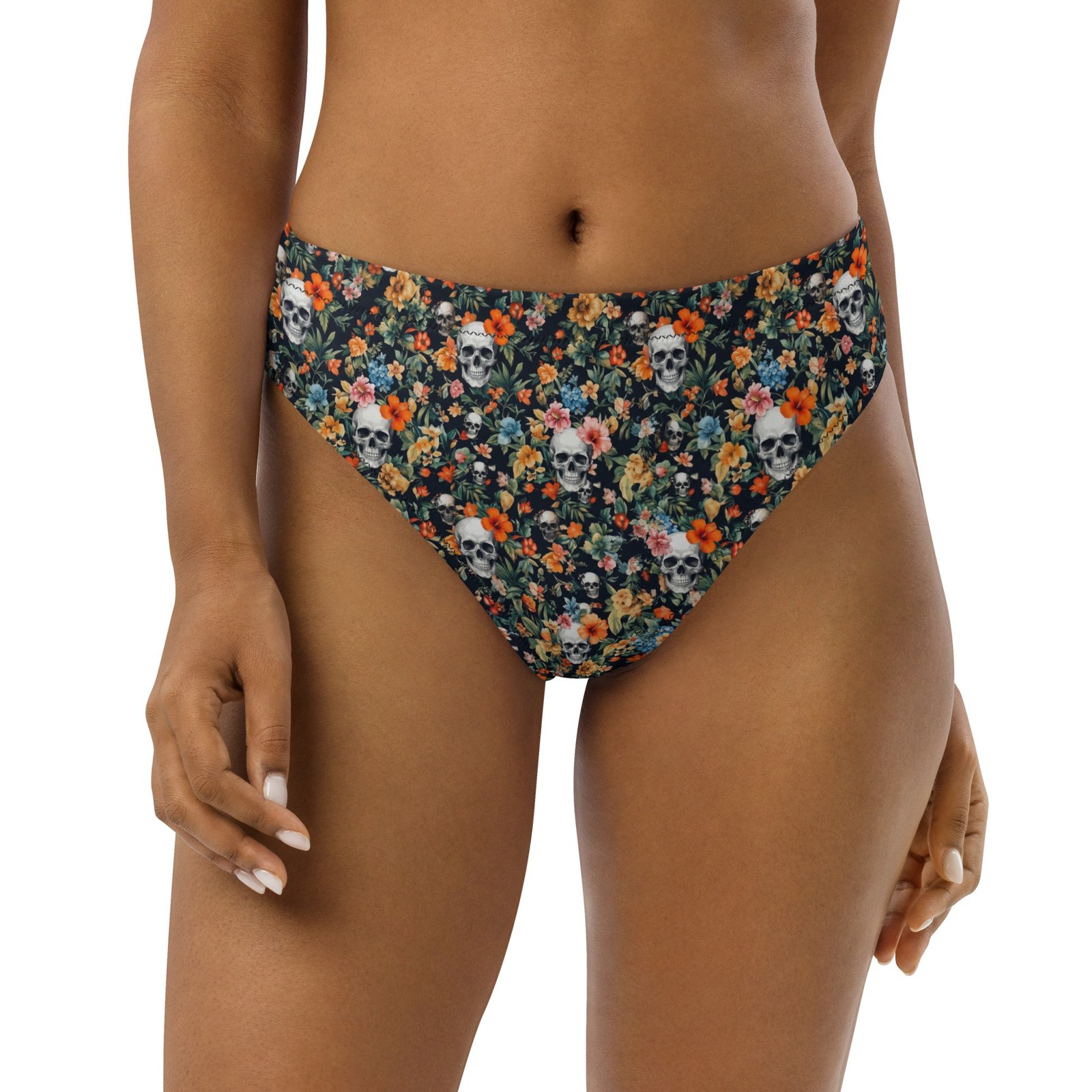high waisted bikini bottom noir skull flowers