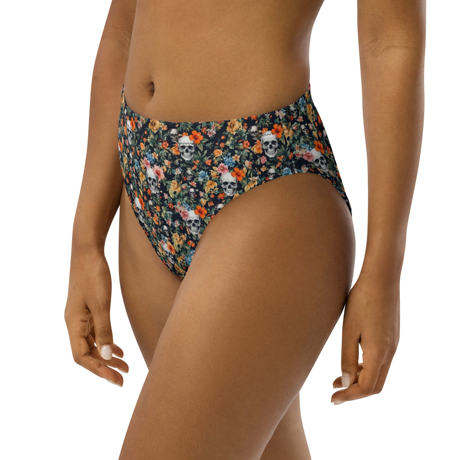 high waisted bikini bottom noir skull flowers
