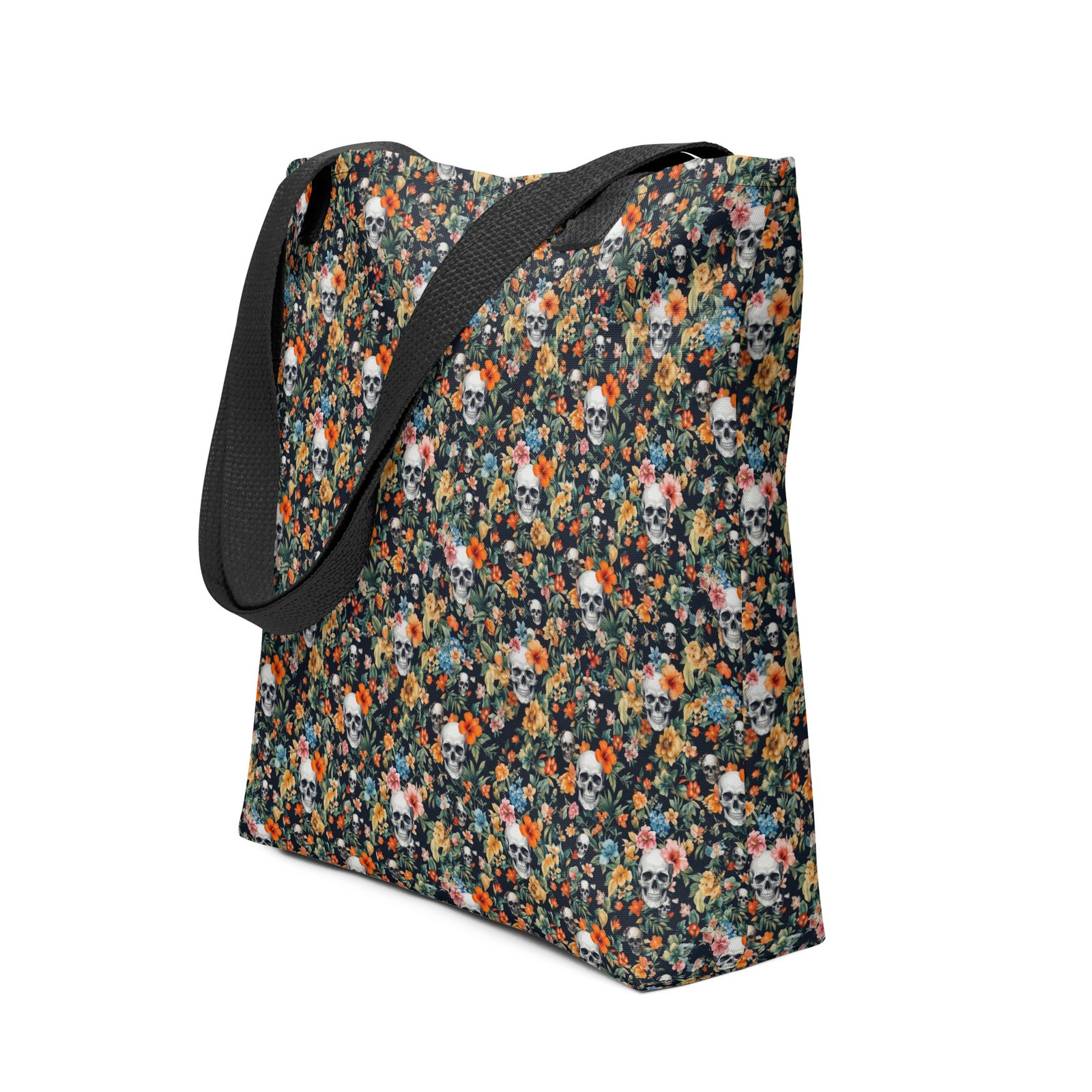 tote bag noir skull flowers