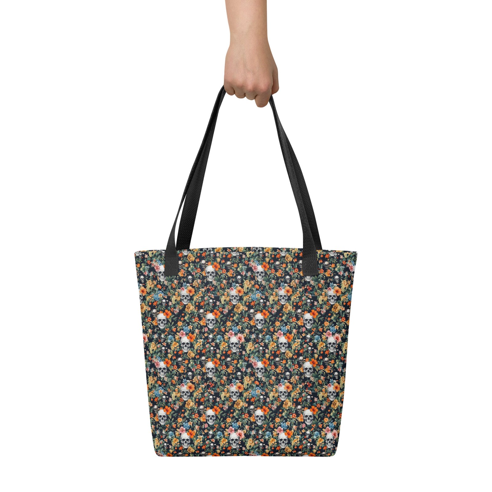 tote bag noir skull flowers