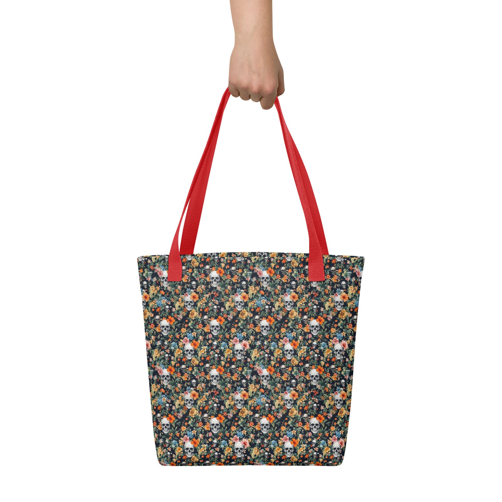 tote bag noir skull flowers
