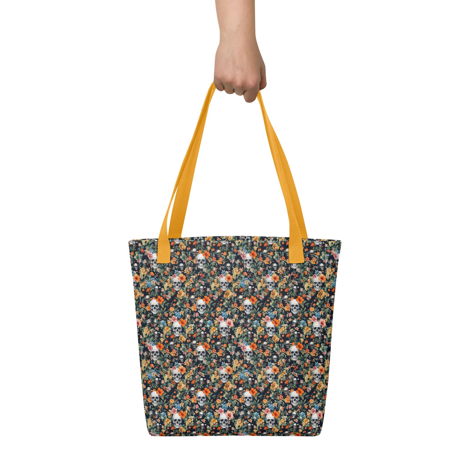 tote bag noir skull flowers